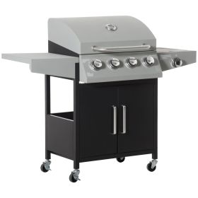 Outsunny 52" Barbecue Grill with Wheels, 4+1 Burner Liquid Propane Gas Grill, Outdoor Cabinet Style BBQ Trolley w/ Side Burner, Warming Rack, Sil
